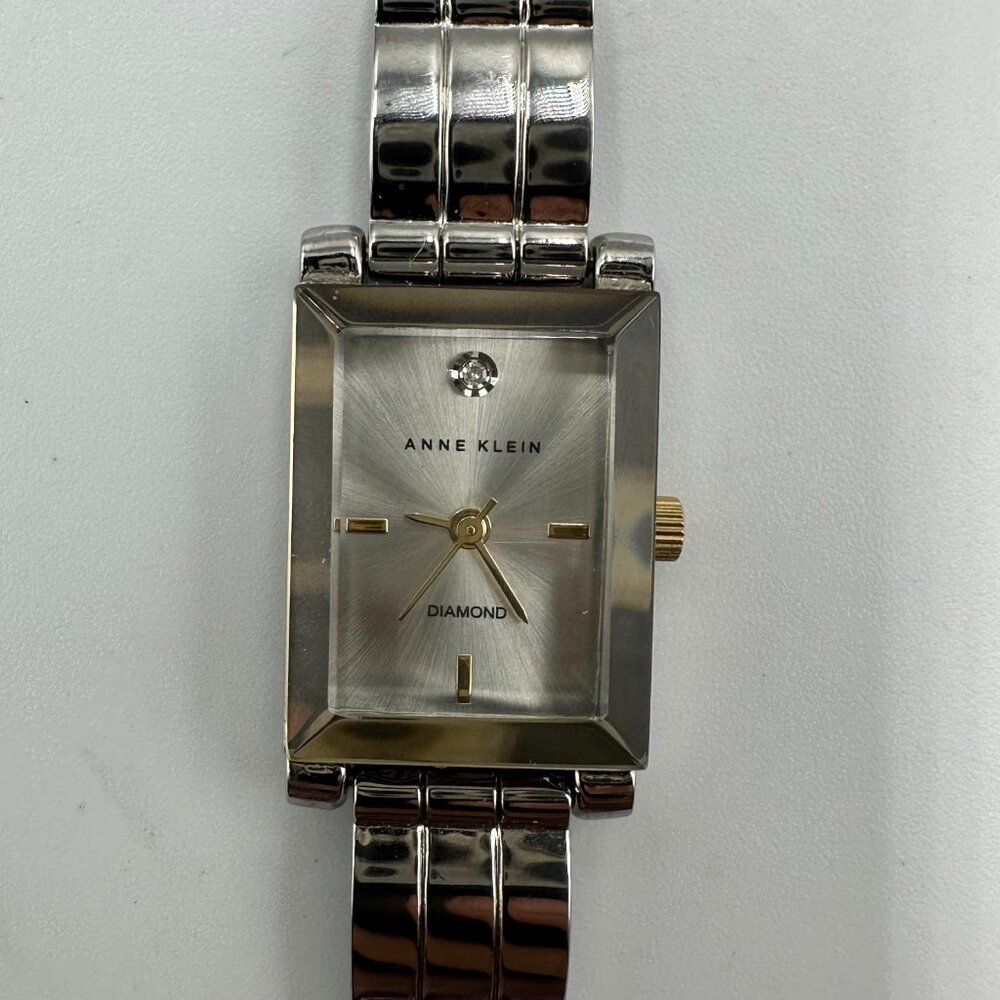 3Anne Klein Diamond Watch Women Silver Tone 16MM Rectangle Case 6.5" Working